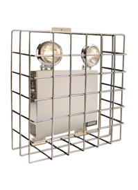 emergency light, backup light, exit light, cage, wire, enclosure, protection